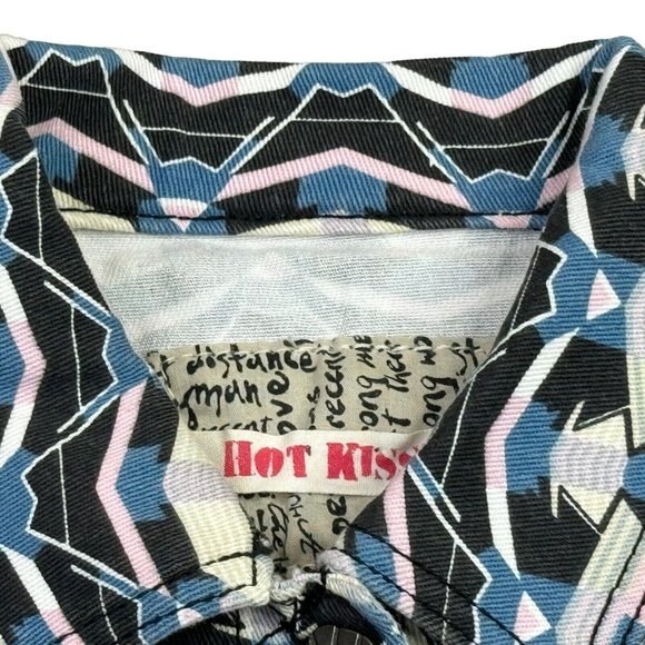 Hot Kiss Crop Top Denim Jacket 80s Retro Pastel Geometric Button Up Womens L - Picture 11 of 12